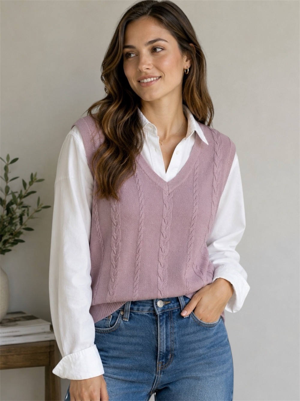 Vila Milano Lavender Cable Knit Sweater Vest V-Neck Cottagecore Y2K Medium
